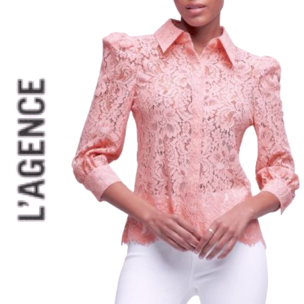 L'Agence Andrea Lace Blouse 3/4 Sleeve Puffer Scallops Hemline Dusty Pink XS/T